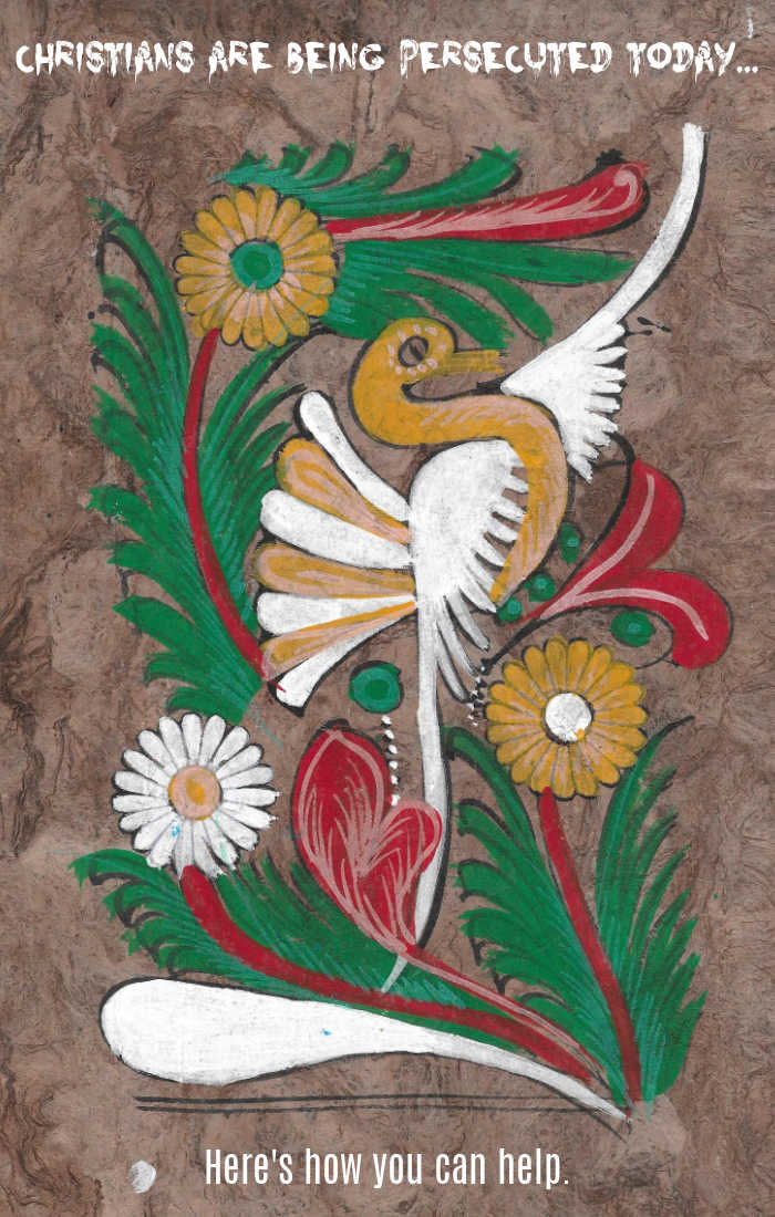 Christians are being persecuted today... here's how you can help. (Original artwork from persecuted Christian in India, featuring a beautiful orange and white bird on red, orange and green flowers.)