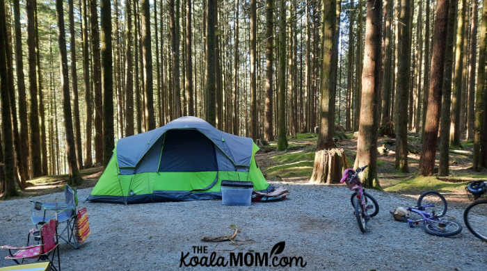 Our tent at the Gold Creek Campground on Alouette Lake.