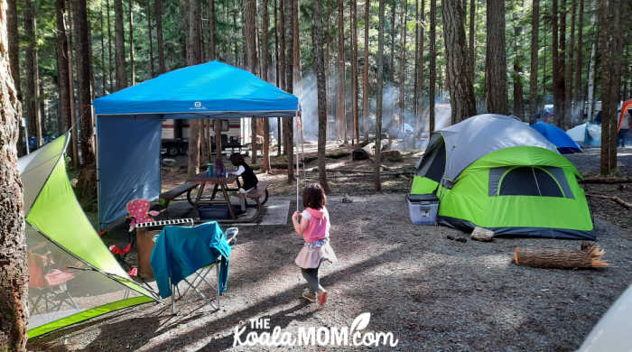 Our campsite at Chilliwack Lake Campground, with our tent, picnic canopy, and sun shelter.