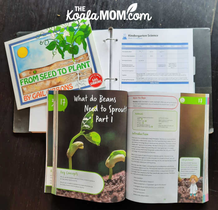 Seeds unit study: book to read, suggested schedule, and experiment to do in the Bookshark science homeschool kit.