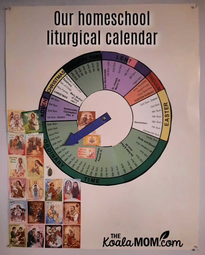 Our liturgical wall calendar, with saints for each month.