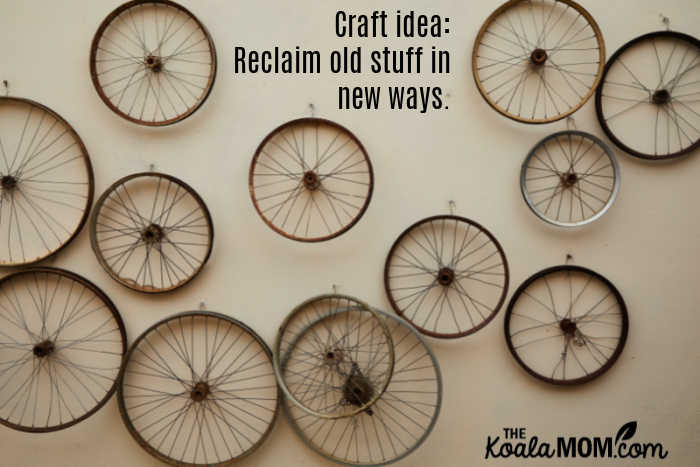 Reclaim old stuff in new ways, like these bike wheels hanging decoratively on a wall. Photo by Laker from Pexels.