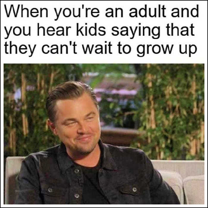 When you're an adult and you hear kids saying that they can't wait to grow up (smirking Leonardo diCaprio)