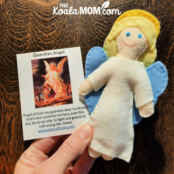 A guardian angel felt doll from Zelie Crafts helps children learn about prayer and angels.
