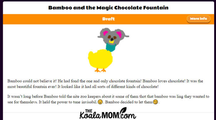 Bamboo and the Magic Chocolate Fountain, a short story by a 6-year-old about a koala-chicken.