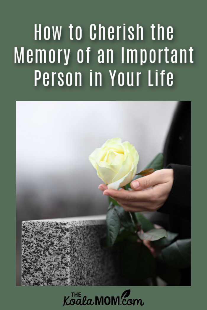 How to Cherish the Memory of an Important Person in Your Life (woman holds a yellow rose near a granite headstone.) Photo from Depositphotos.