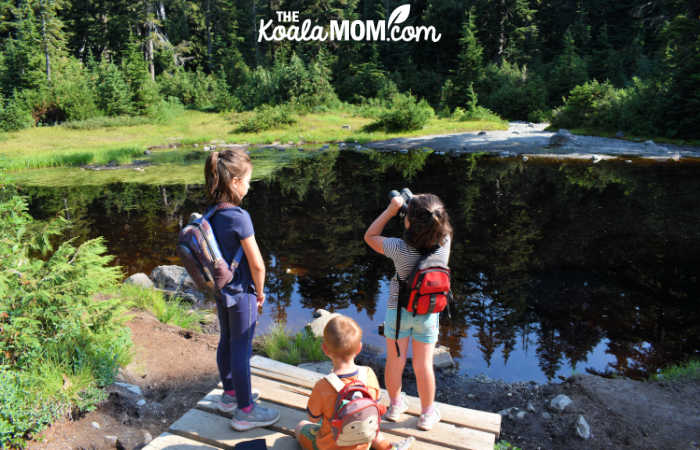 Kids using binoculars at First Lake.