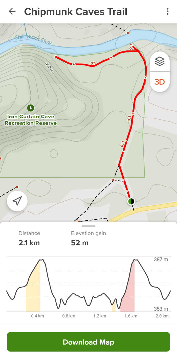 Screenshot of the Chipmunk Caves map in the AllTrails app.
