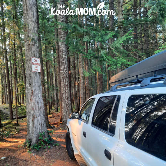 Chipmunk Caves trailhead: "Cave Parking Any Time."