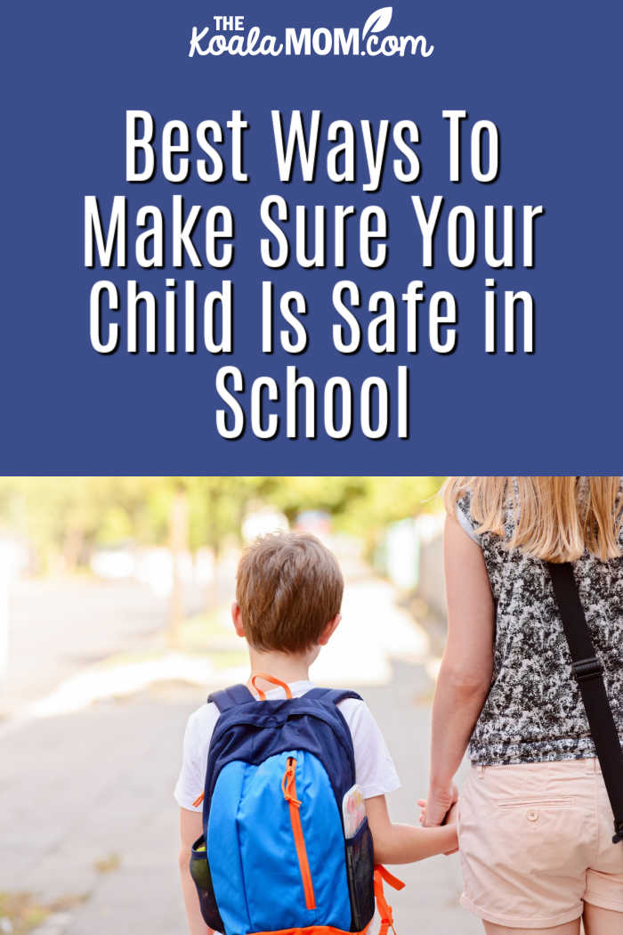 Best Ways To Make Sure Your Child Is Safe in School. Photo of mom walking with son to school via Depositphotos.