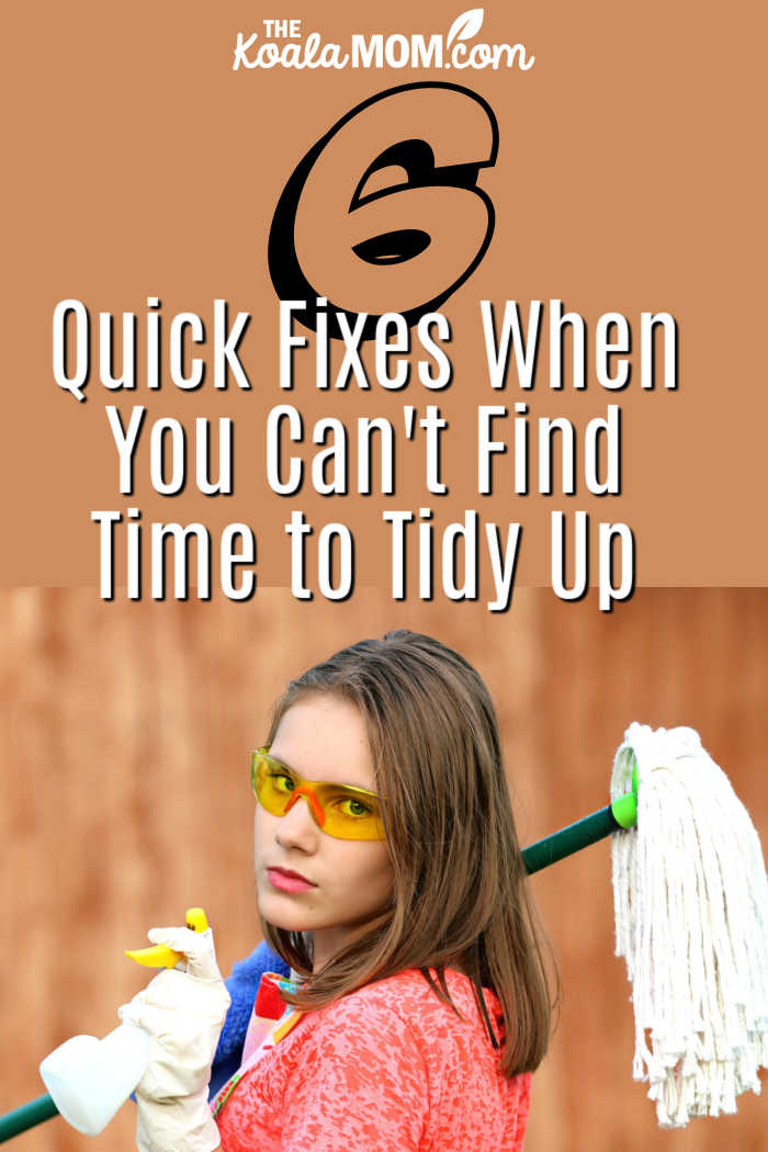 6 Quick Fixes When You Can't Find Time to Tidy Up. Image of girl with mop and cleaning supplies by svklimkin from Pixabay 