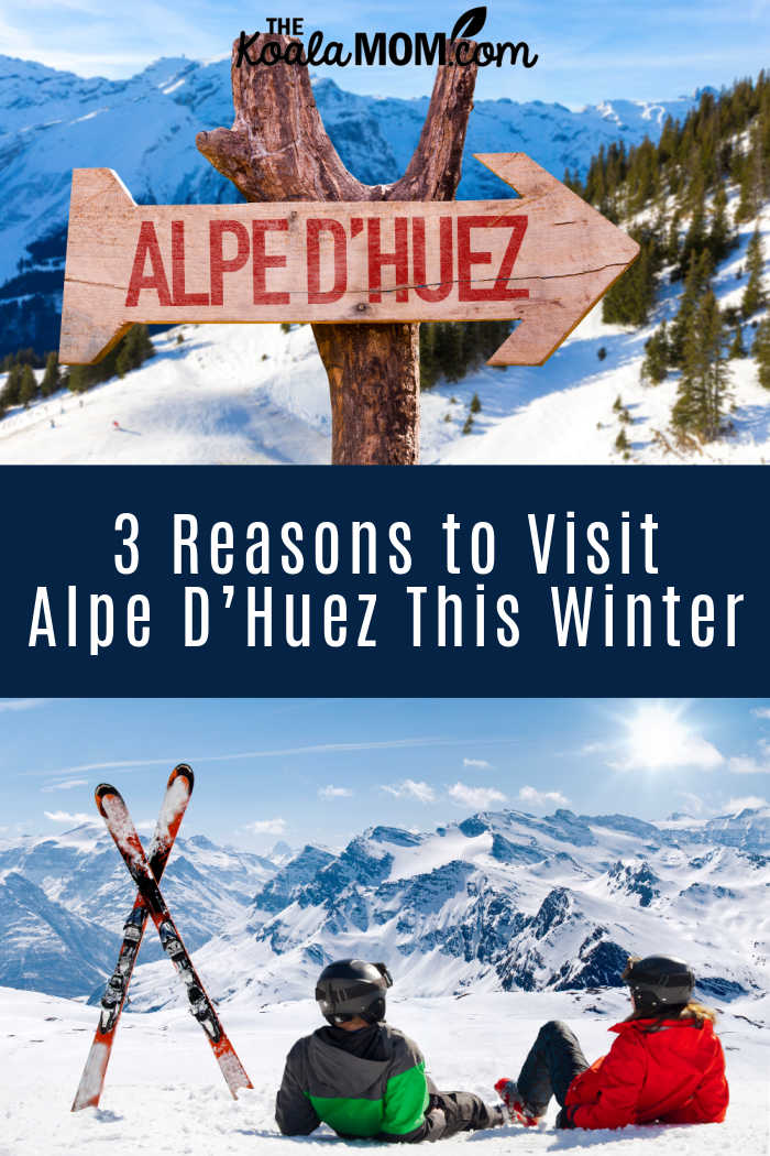 3 Good Reasons you Should Visit Alpe D’Huez This Winter. Photo of Alpe D'Huez sign and happy skiers in the Alps via Depositphotos.