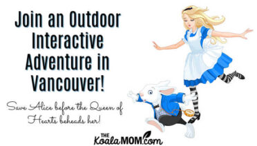 Join an outdoor interactive adventure in Vancouver - save Alice in Wonderland before the Queen of Hearts beheads her! Cartoon of Alice chasing the White Rabbit via Depositphotos.