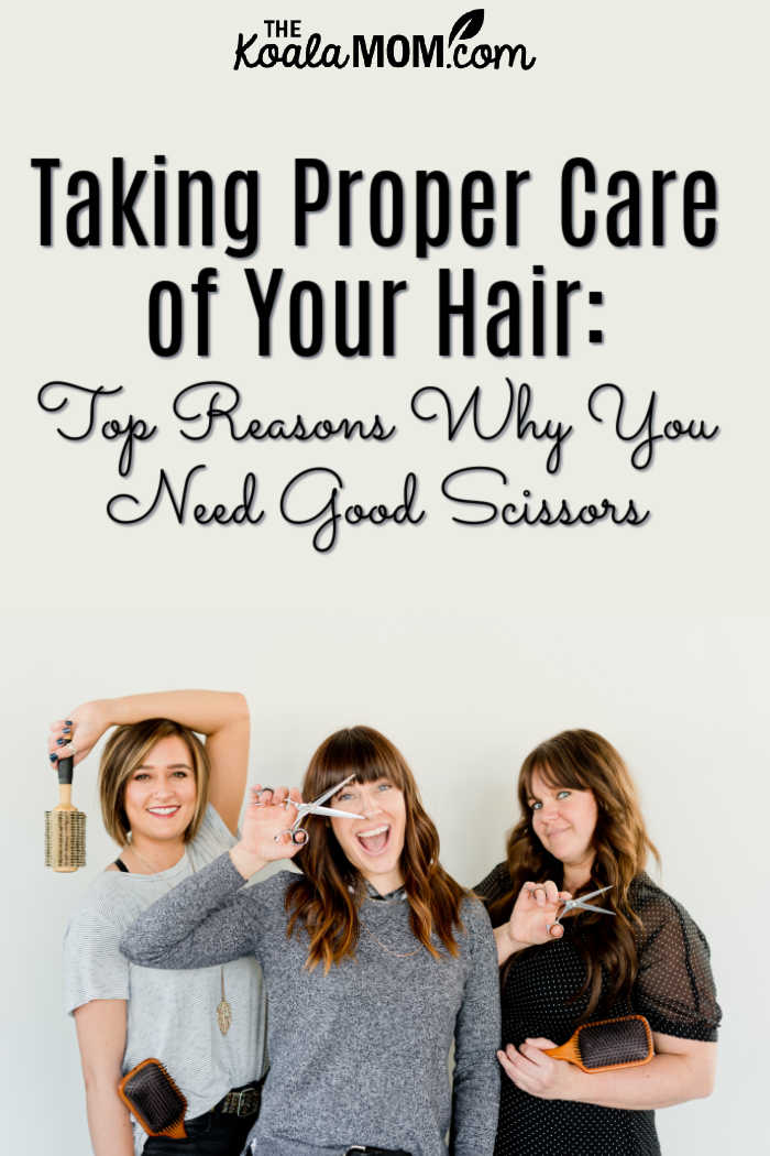 Taking Proper Care of Your Hair: Top Reasons Why You Need Good Scissors. Photo of three smiling women holding scissors and hair brushes by Adam Winger on Unsplash