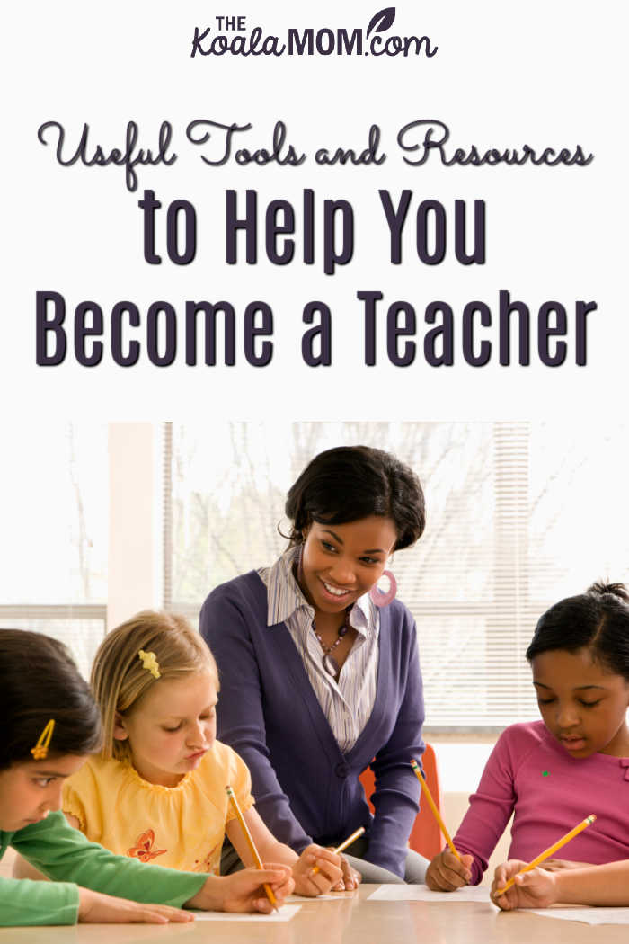 Useful Tools and Resources to Help You Become a Teacher. Photo of female teacher smiling at three girls via Depositphotos.