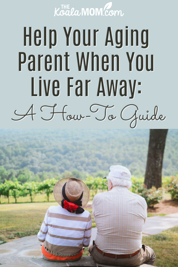 Helping Your Aging Parent When You Live Far Away: A How-To Guide. (An older couple sit on a bench overlooking a forested hill.)