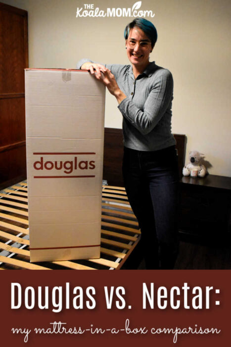 Douglas vs. Nectar: my mattress-in-a-box comparison. Woman stands beside Douglas box on an empty queen bed frame.