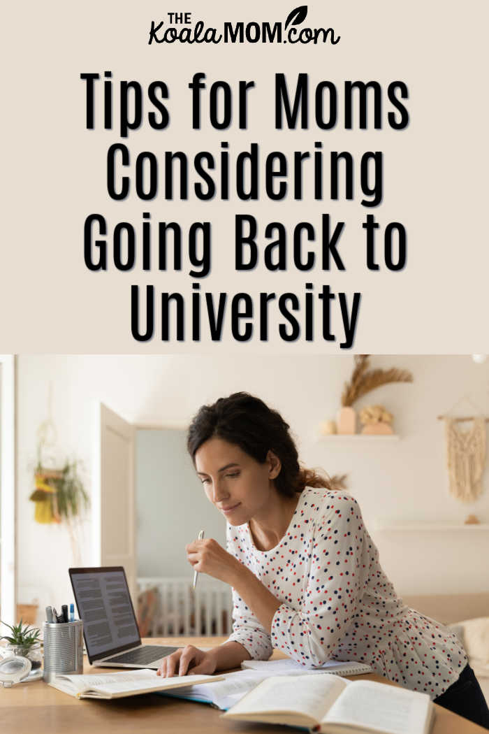 Tips for Moms Considering Going Back to University. Photo of mom looking at computer via AdobeStock.