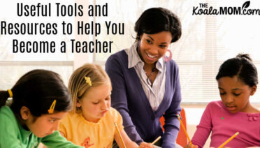 Useful Tools and Resources to Help You Become a Teacher. Photo of female teacher smiling at three girls via Depositphotos.