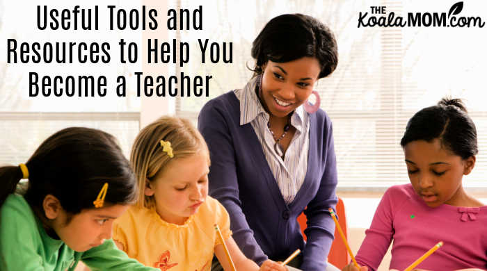 Useful Tools and Resources to Help You Become a Teacher. Photo of female teacher smiling at three girls via Depositphotos.