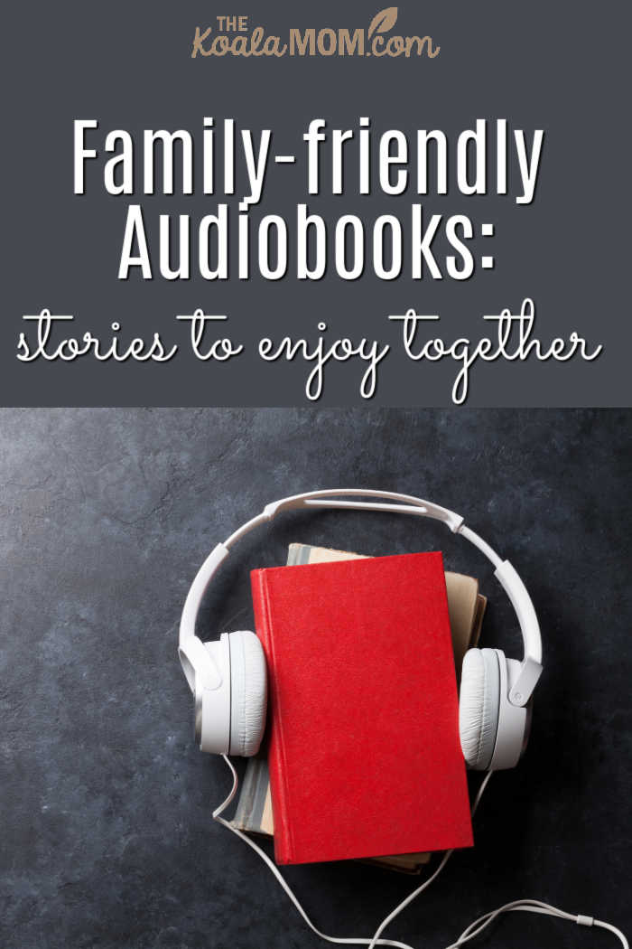 Family-friendly Audiobooks: stories to enjoy together. Photo of headphones over a stack of books via Depositphotos.