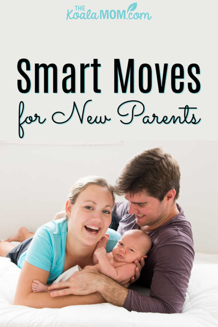 Smart Moves for New Parents. Photo of happy parents snuggling newborn baby via Depositphotos.