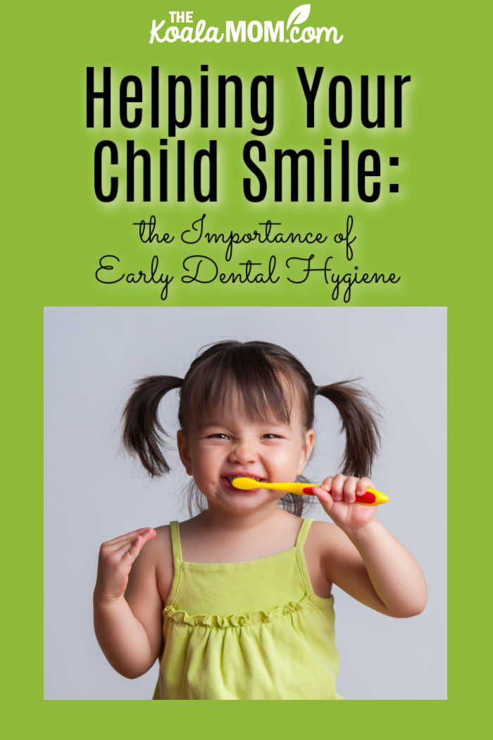 Helping Your Kid Smile: the Importance of Early Dental Hygiene. Photo of smiling toddler brushing her teeth via Depositphotos.