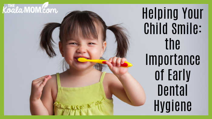 Helping Your Kid Smile: the Importance of Early Dental Hygiene. Photo of smiling toddler brushing her teeth via Depositphotos.