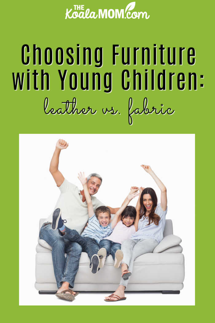 Choosing Furniture with Young Children: leather vs. fabric. Photo of happy family on grey couch via Depositphotos.