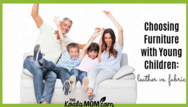 Choosing Furniture with Young Children: leather vs. fabric. Photo of happy family on grey couch via Depositphotos.