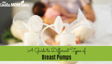 A Guide to Different Types of Breast Pumps. Photo of two bottles of pumped milk with mother in background via Depositphotos.