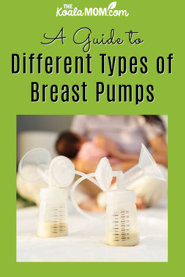 A Guide to Different Types of Breast Pumps. Photo of two bottles of pumped milk with mother in background via Depositphotos.