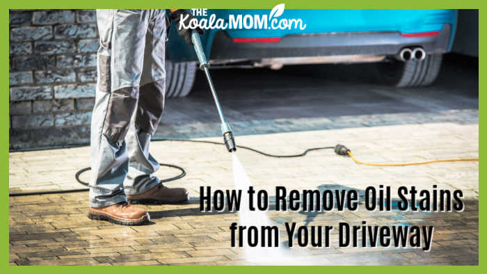 How to Remove Oil Stains from Your Driveway. Photo of man pressure washing driveway behind car via Depositphotos.