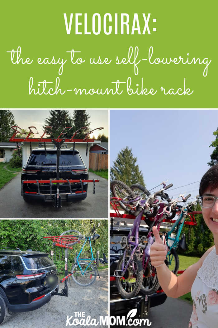 Velocirax: the easy to use self-lowering hitch-mount bike rack. (Three photos of a VelociRAX on a Jeep Grand Cherokee with bikes loaded.)
