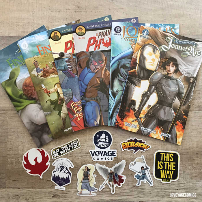 A selection of comic books and stickers from Voyage Comics.