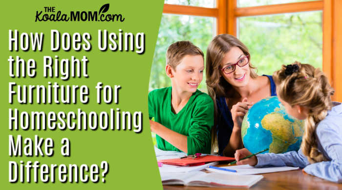 How Does Using the Right Furniture for Homeschooling Make a Difference? Photo of mom teaching two kids with a globe via Depositphotos.