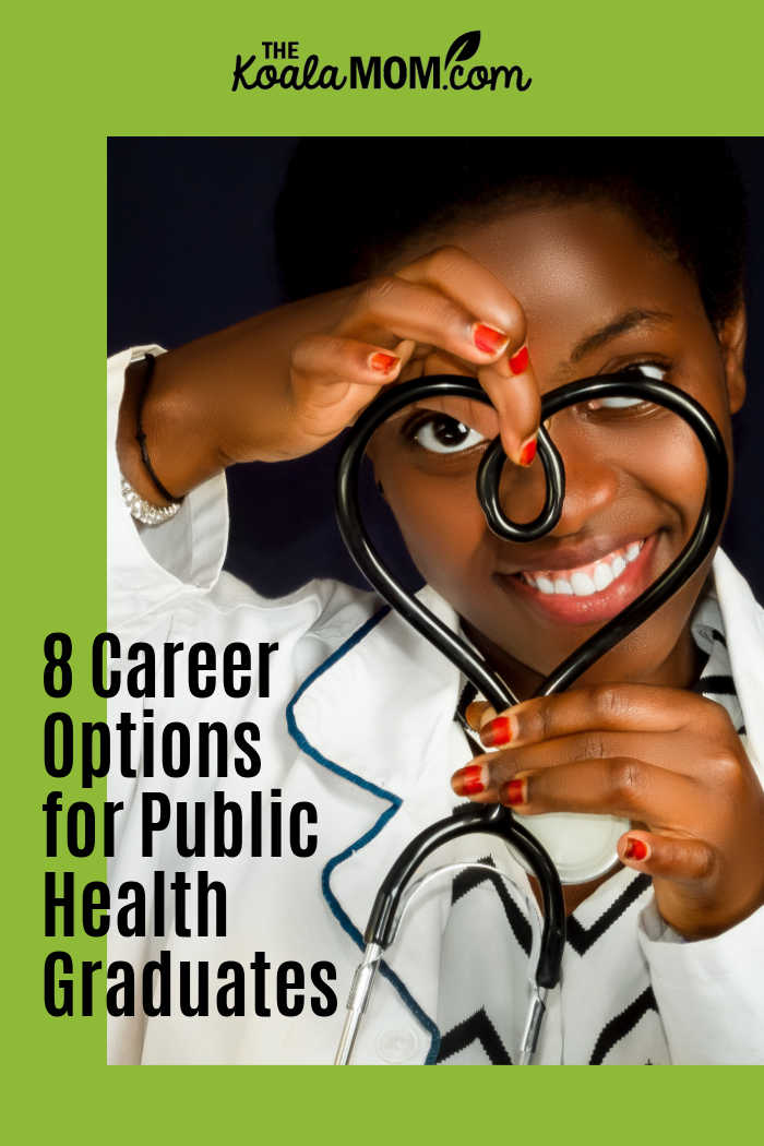 8 Career Options for Public Health Graduates. Photo of black woman wearing white scrubs holding a stethoscope in a heart shape by Valdans Media via Pexels.