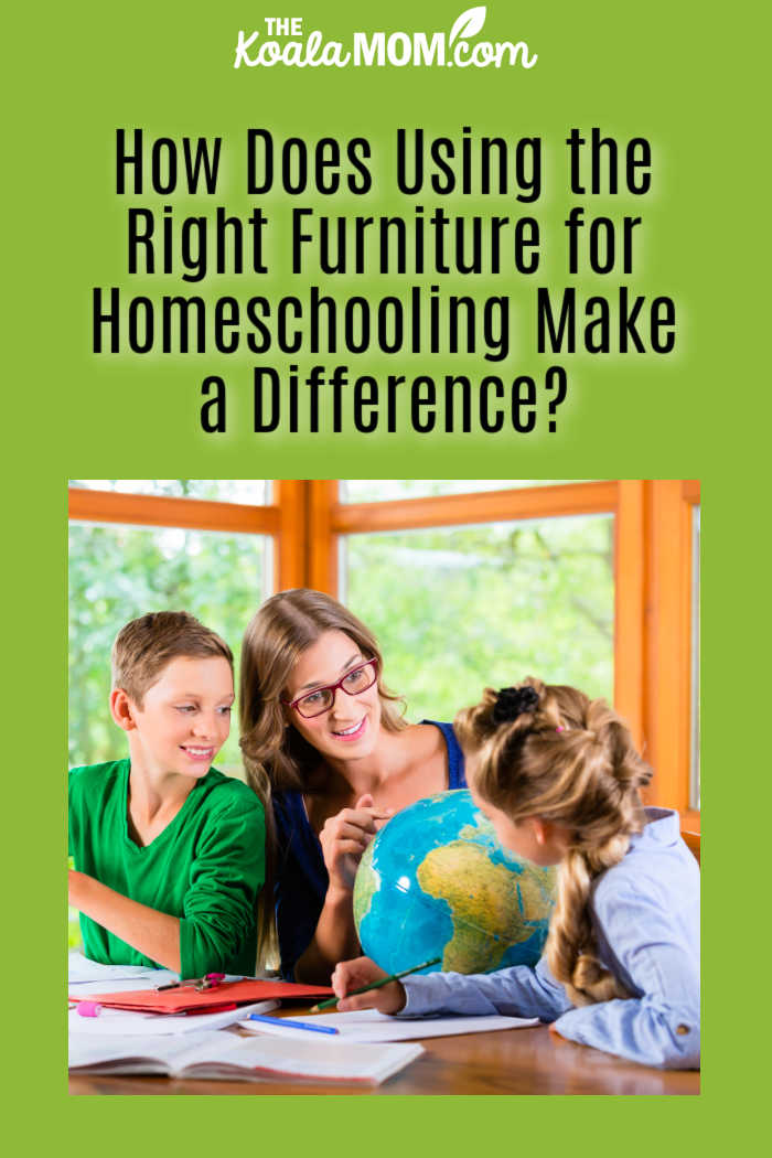 How Does Using the Right Furniture for Homeschooling Make a Difference? Photo of mom teaching two kids with a globe via Depositphotos.