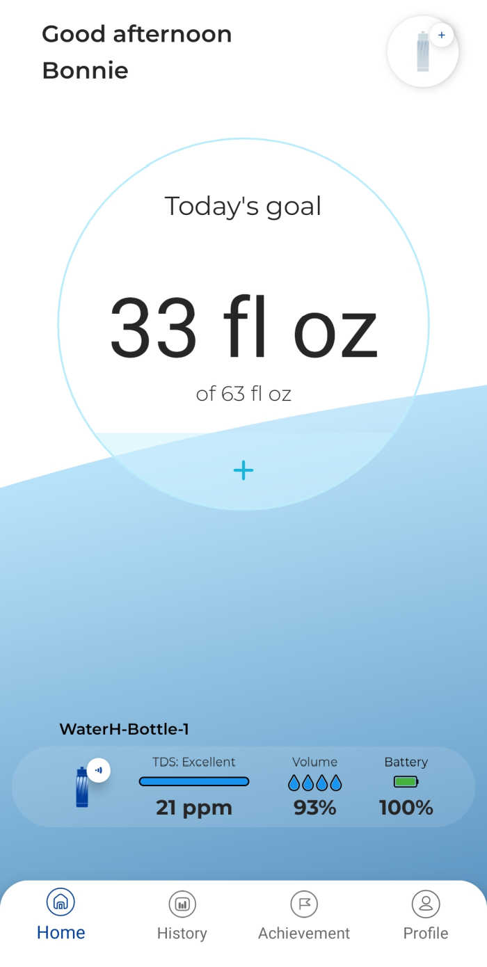 Tracking my daily water consumption using the WaterH app on my phone.