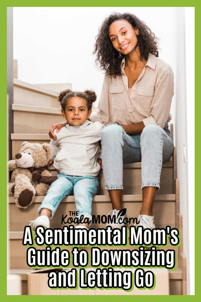 A Sentimental Mom's Guide to Downsizing and Letting Go. Photo of mom and daughter sitting on stairs with a moving box via Depositphotos.
