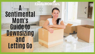 A Sentimental Mom's Guide to Downsizing and Letting Go. Photo of woman leaning on moving box on kitchen counter via Depositphotos.