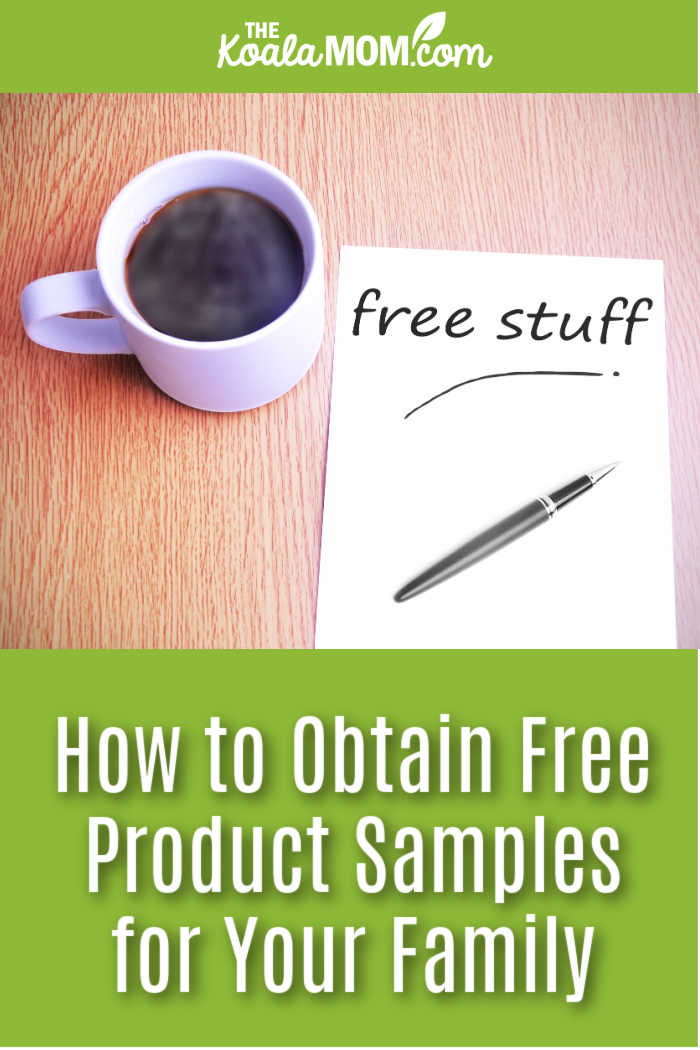 How to Obtain Free Product Samples for Your Family. Photo of coffee sitting beside a note saying "free stuff" via Depositphotos.