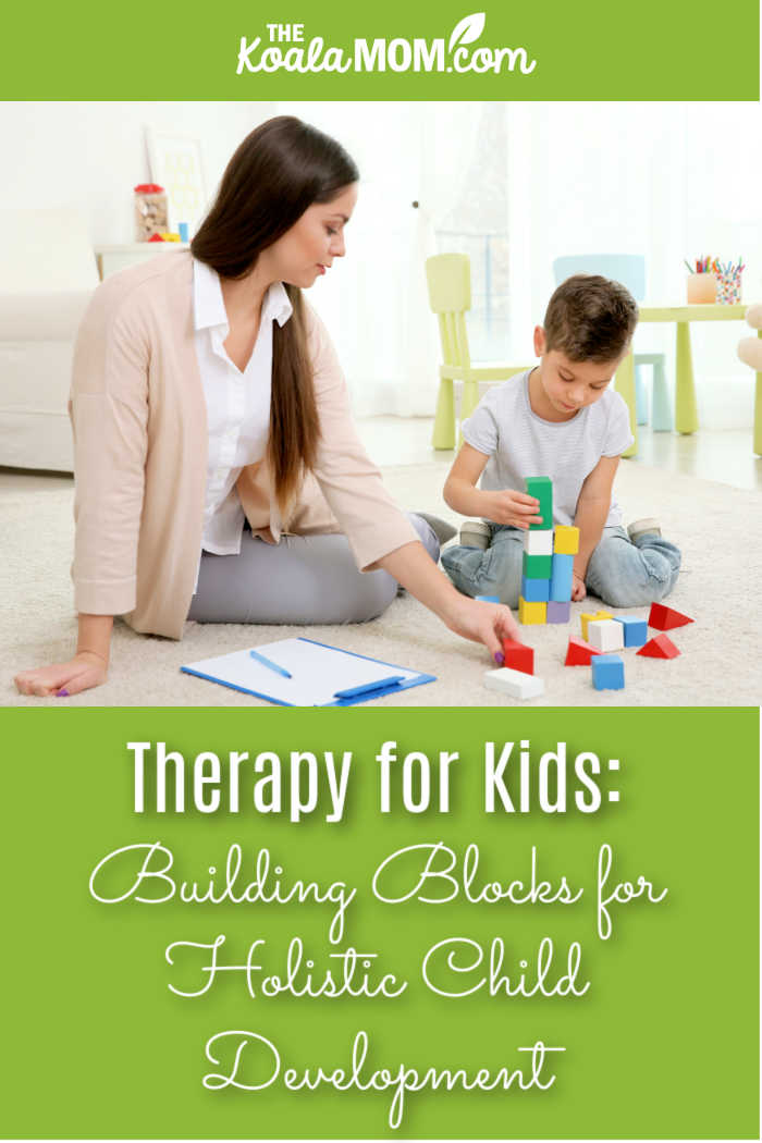 Therapy for Kids: Building Blocks for Holistic Child Development. Photo of female therapist watching a boy play with blocks via Depositphotos.