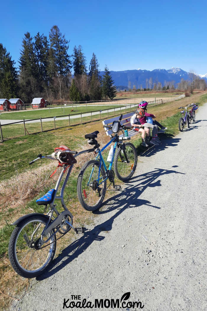 Taking a break from cycling at a bench on the Maple Ridge dike trails.