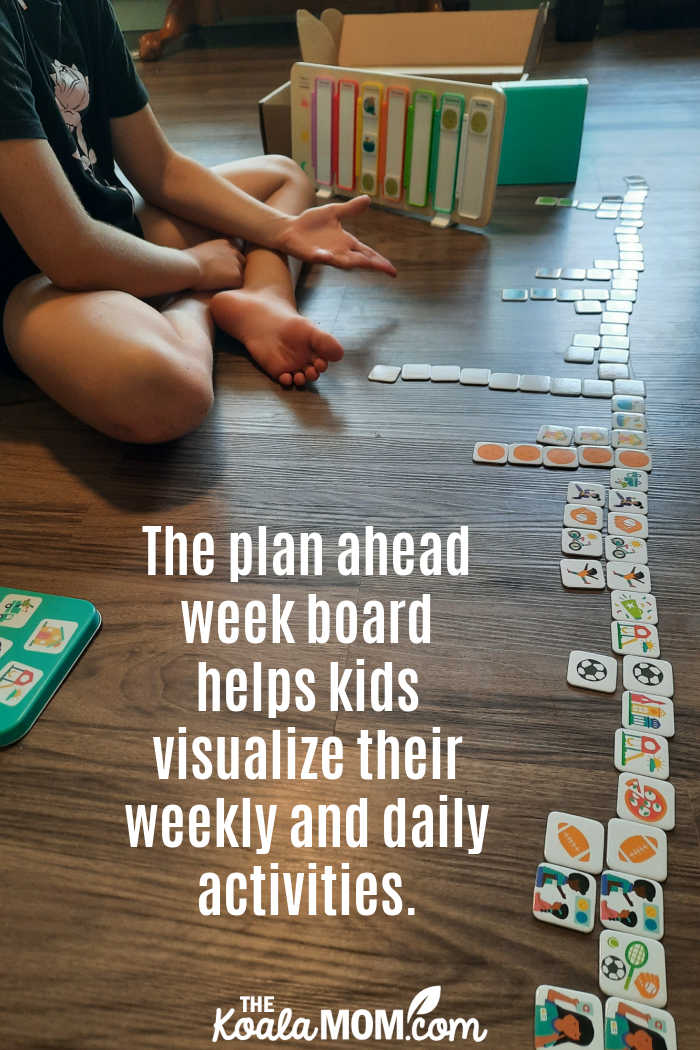 The plan ahead week board helps kids visualize their daily and weekly activities, with magnets to place on the calendar for what they do each day.