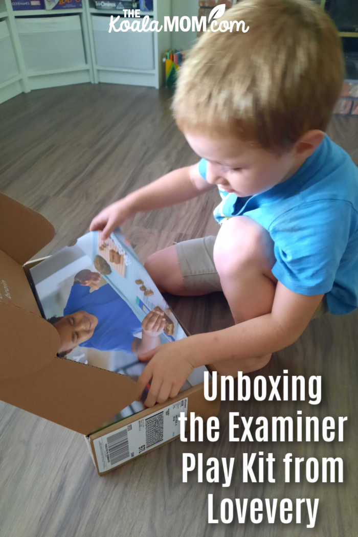 A 4-year-old boy unboxing the Examiner Play Kit from Lovevery.