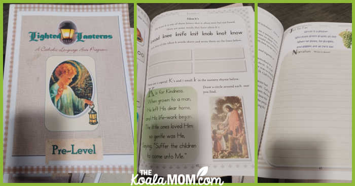 Samples pages from the Lighted Lanterns Pre-Level Catholic language arts curriculum.