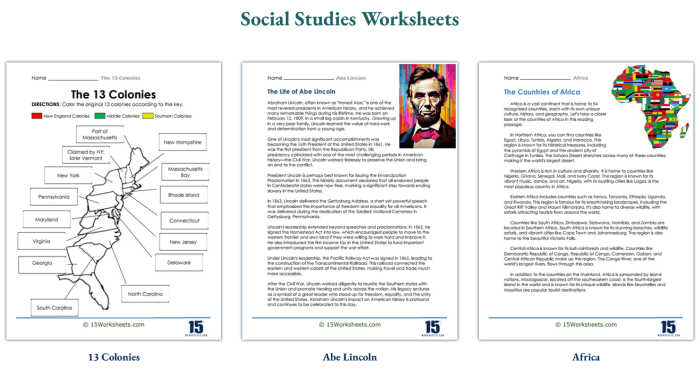 Social Studies Worksheets - screenshot of website showing three printables.