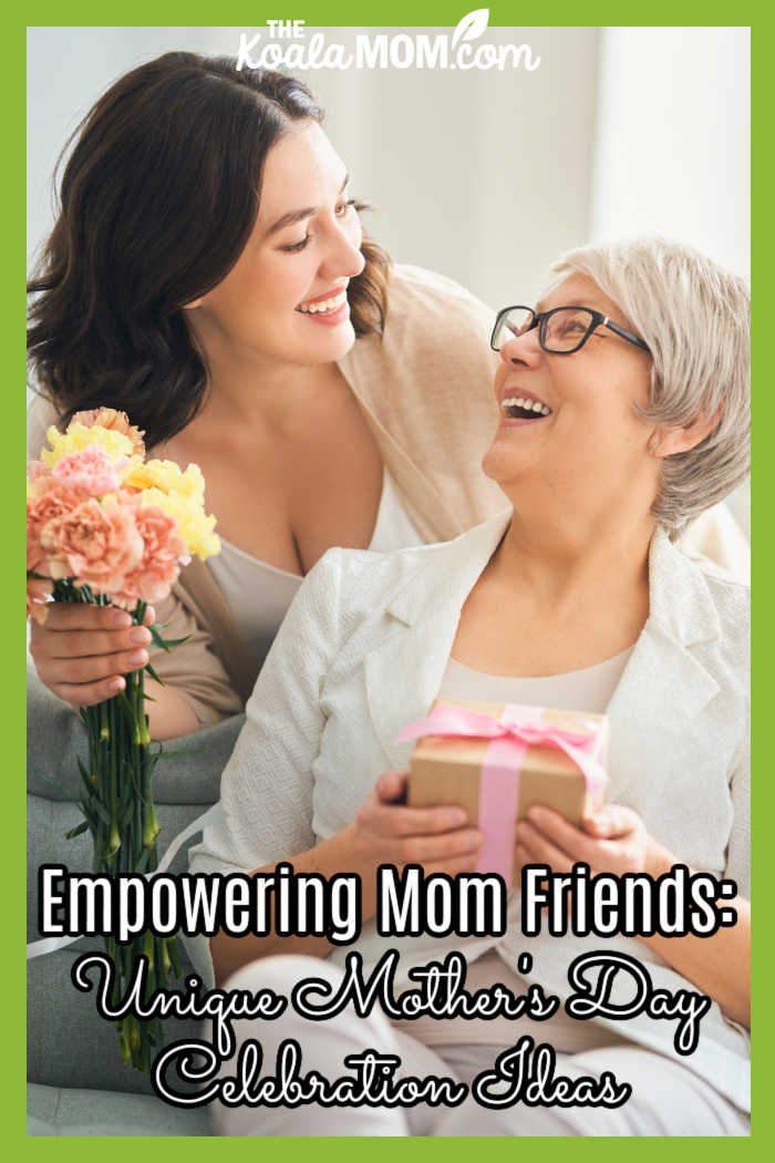 Empowering Mom Friends: Unique Mother's Day Celebration Ideas. Photo of woman holding flowers smiling at an older woman holding a cup of tea via AdobeStock.
