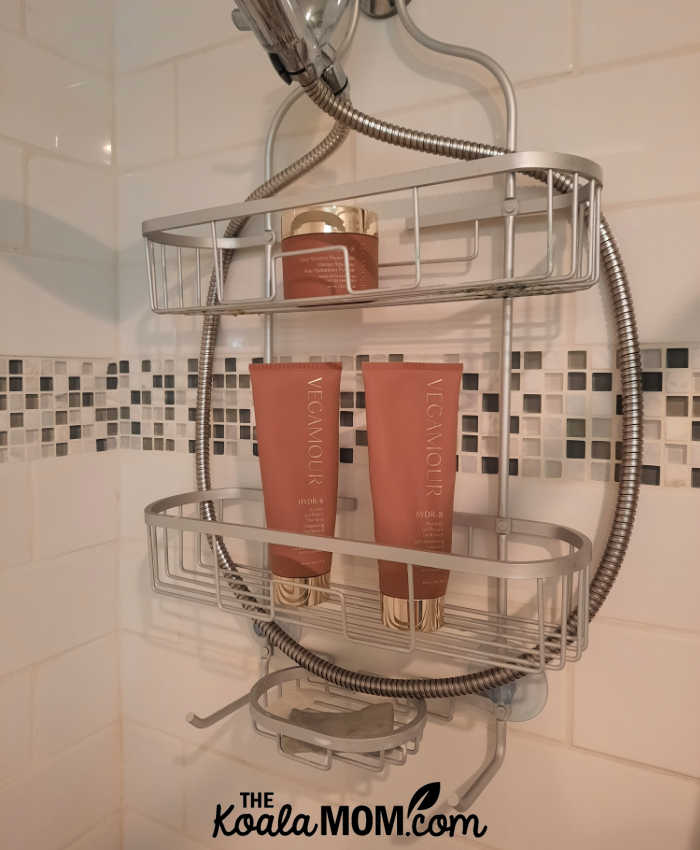 Vegamour HYDR8 collection sits in a shower rack.